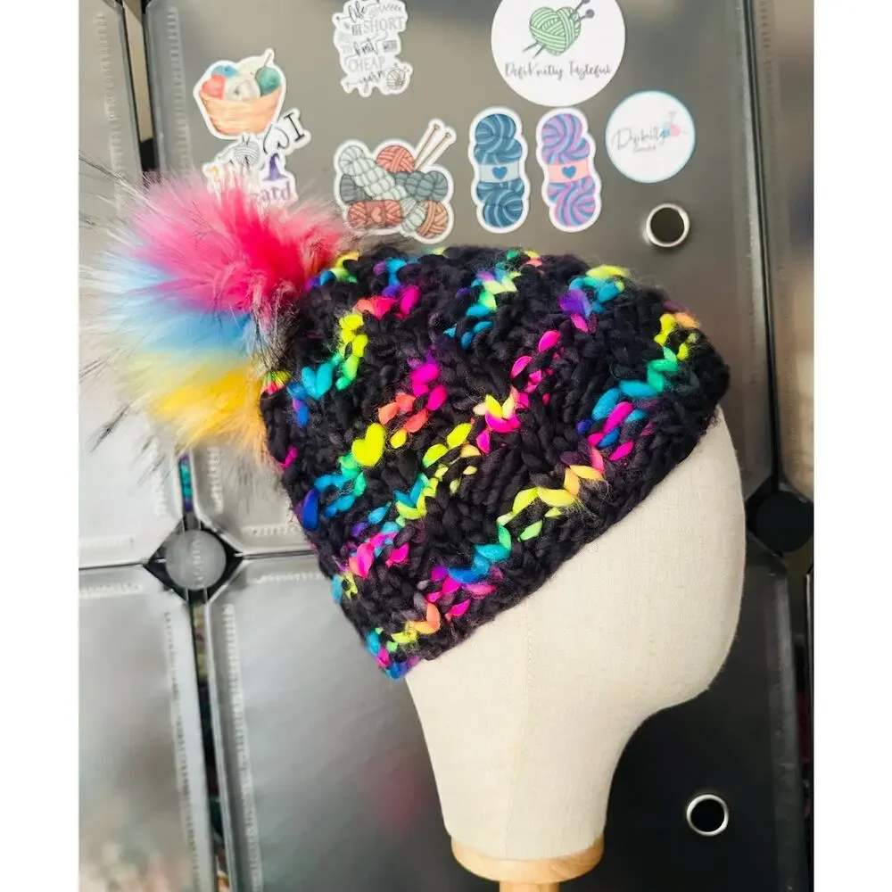 Hand Knit Merino Wool Beanie: Twist Knit Hat with Faux Fur Pom